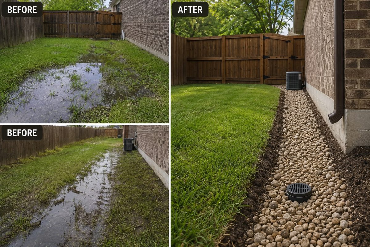 Before and after french drain installation solving standing water in a Forney TX backyard
