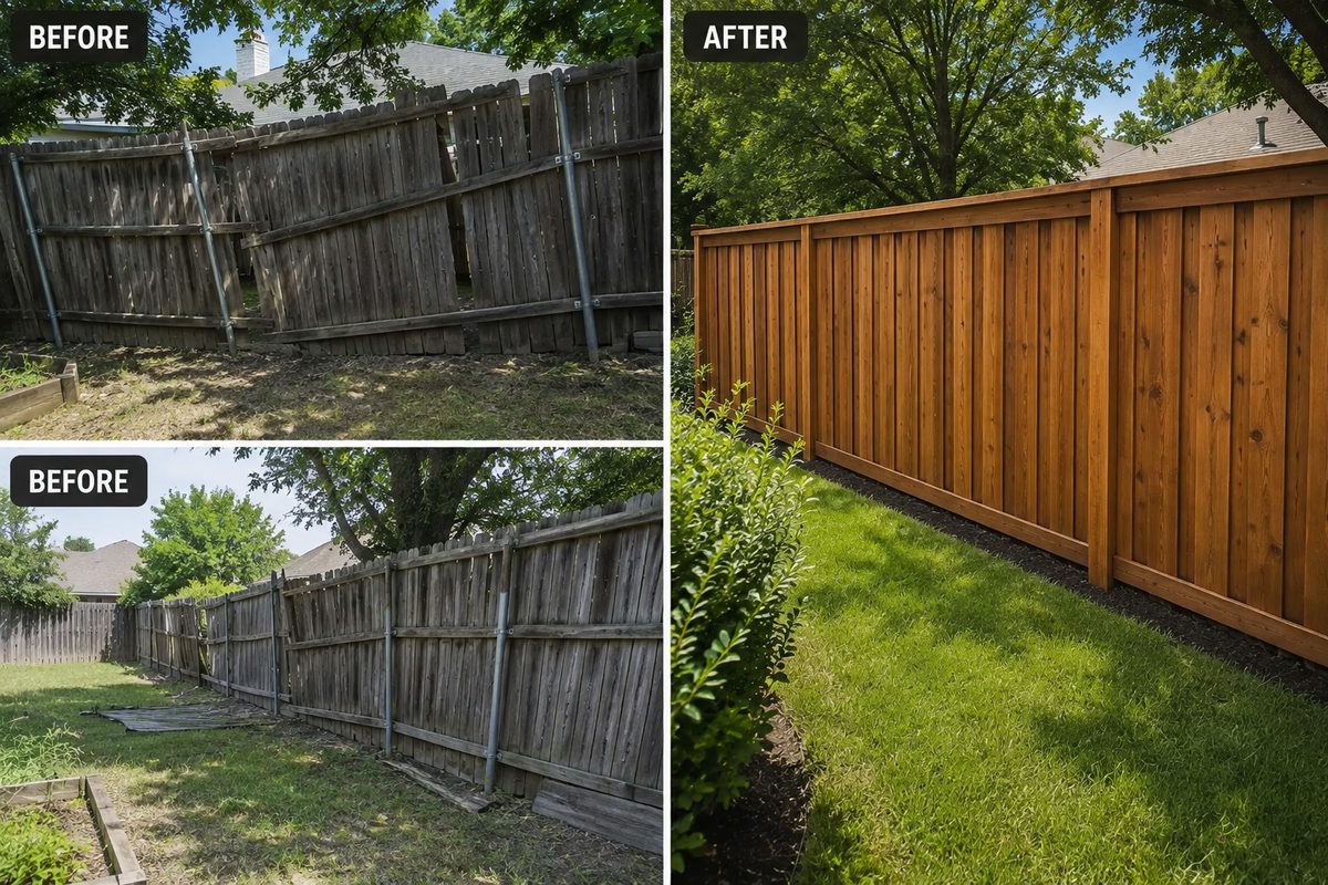 Before and after backyard fence repair and replacement in Mesquite TX