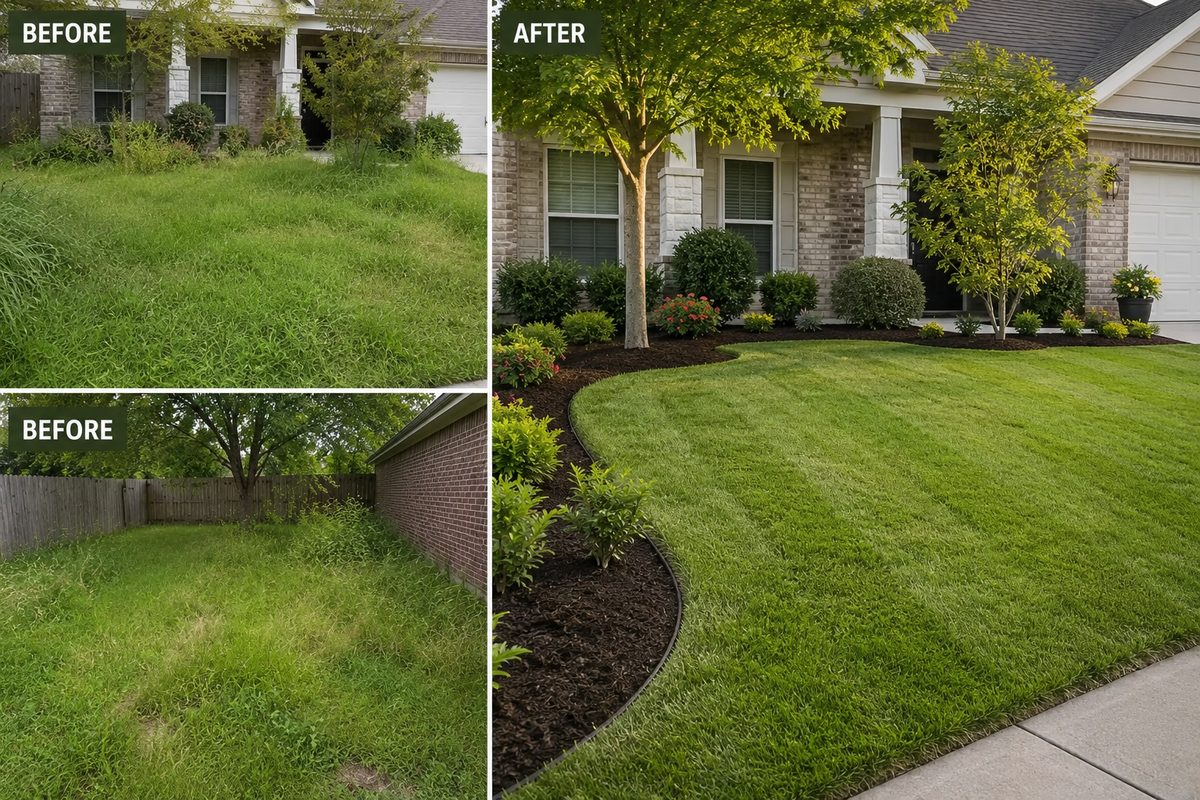 Before and after front yard lawn makeover with new beds, edging and mulch in Garland TX by 365 Lawn Services