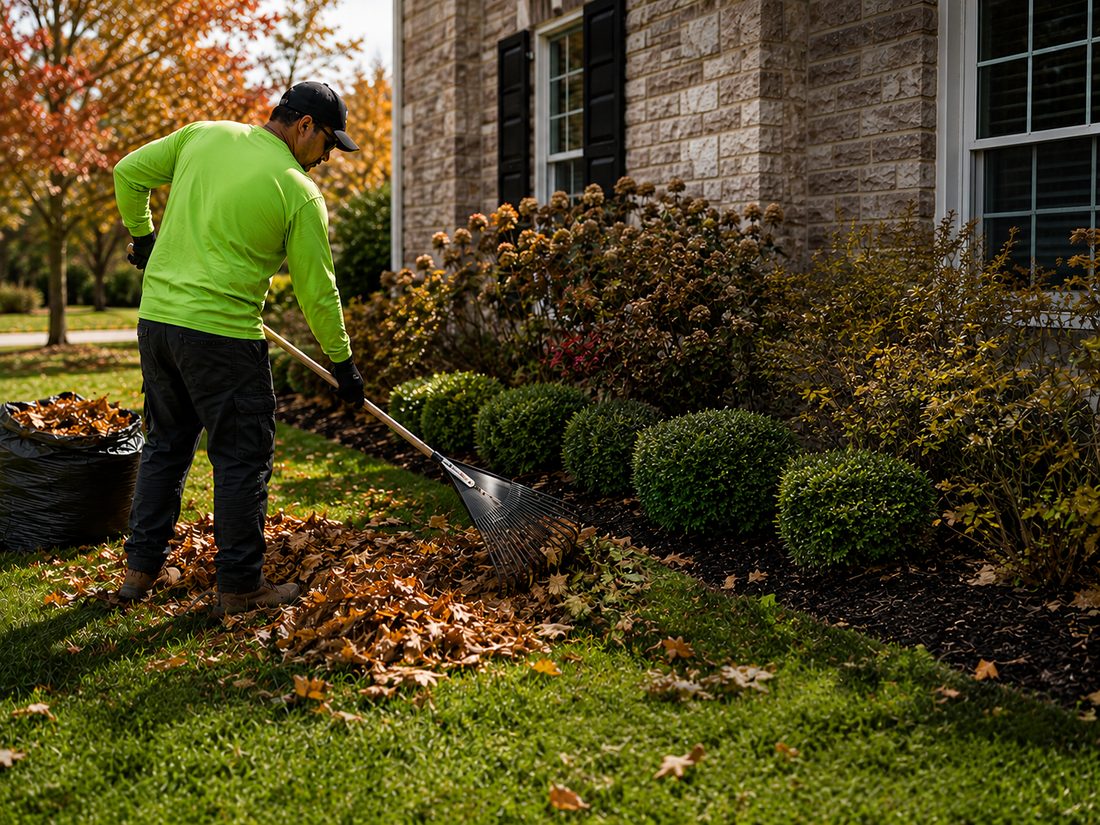 Fall leaf cleanup of a residential yard in Fate TX