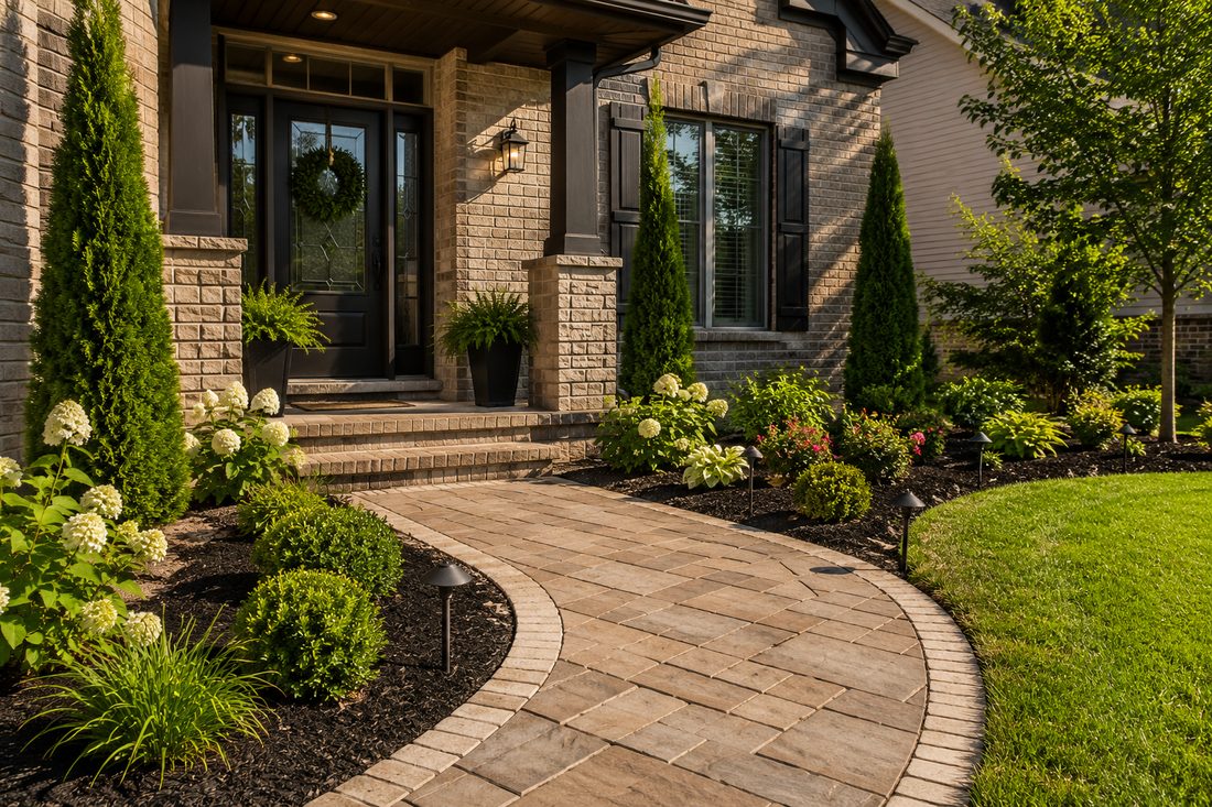 New plants and shrubs installed along a front entryway in Garland TX