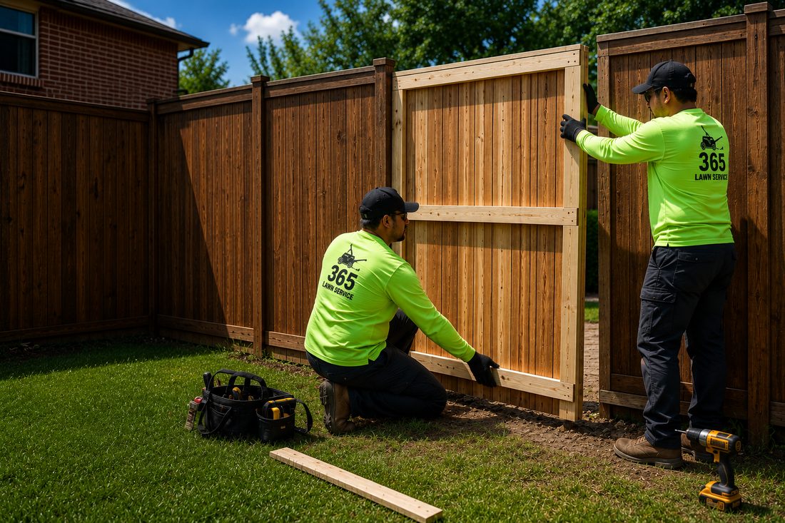 Fence repair of leaning sections after storm in Mesquite TX