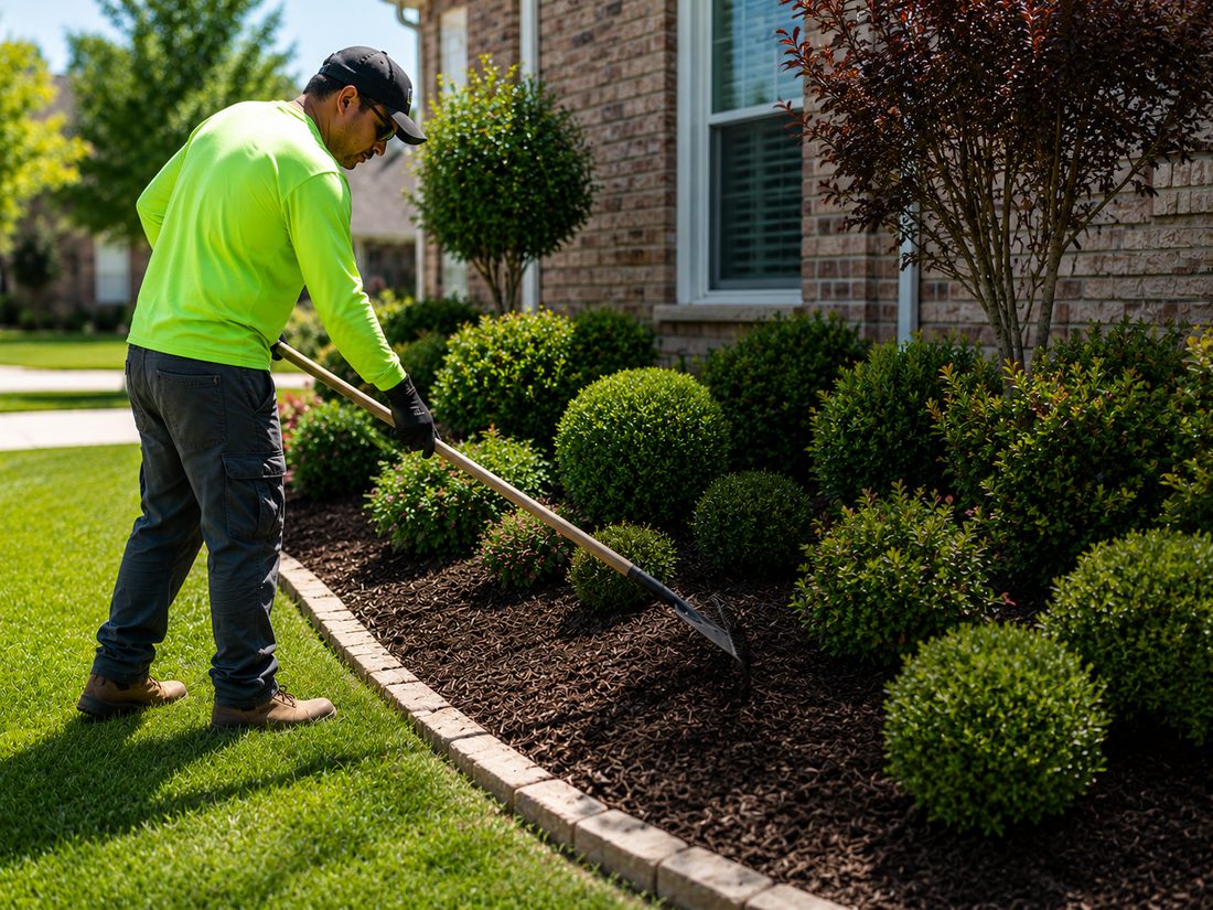 Fresh mulch installed in flower beds around a home in Rockwall TX