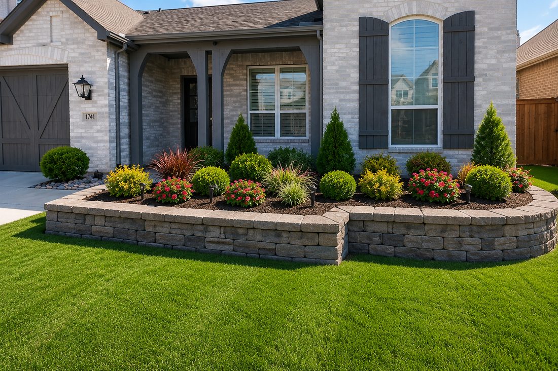 Stone retaining wall and planter bed installation by 365 Lawn Services in east DFW